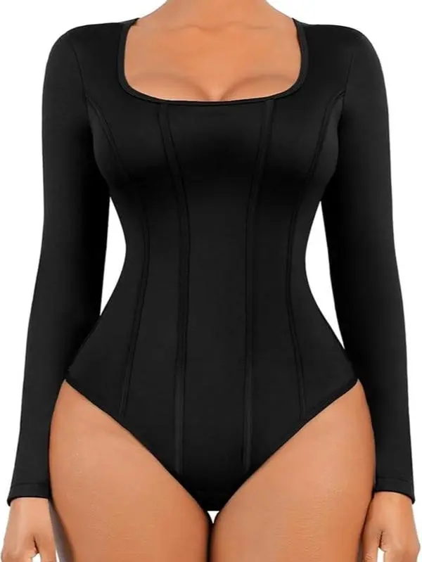 FeelinGirl Seamless Tummy Control Bodysuit Thong Basic Square Neck Slimming Tops for Women Shaping Thong Long Sleeve Womenswear