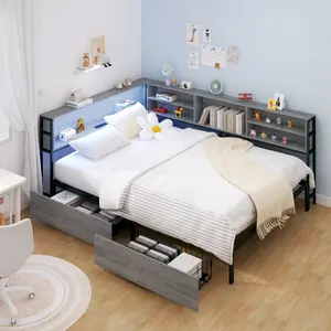 Corner Daybed with Storage Bookcase Headboard LED Light & Built-in Charging Station Full Twin Size Modern Bedroom Furniture Space-Saving Design