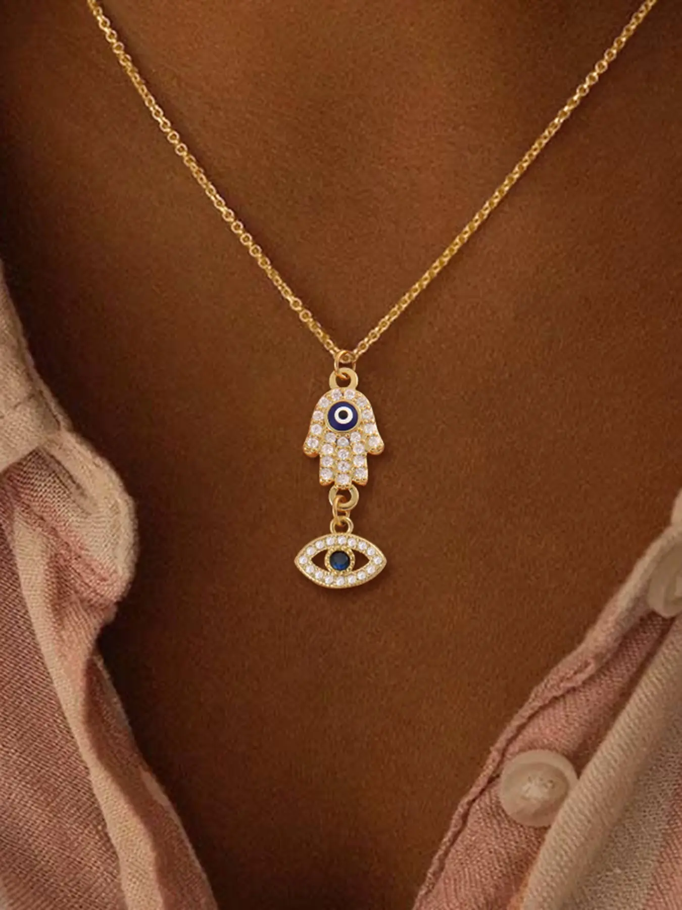 Women's Zircon Eye Hamsa Hand Pendant Necklace, Elegant Necklace, Fashion Necklace, Accessory Necklace, Classic Gold & Silver Color, Stainless Steel Chain, Casual Style, All Seasons Jewelry