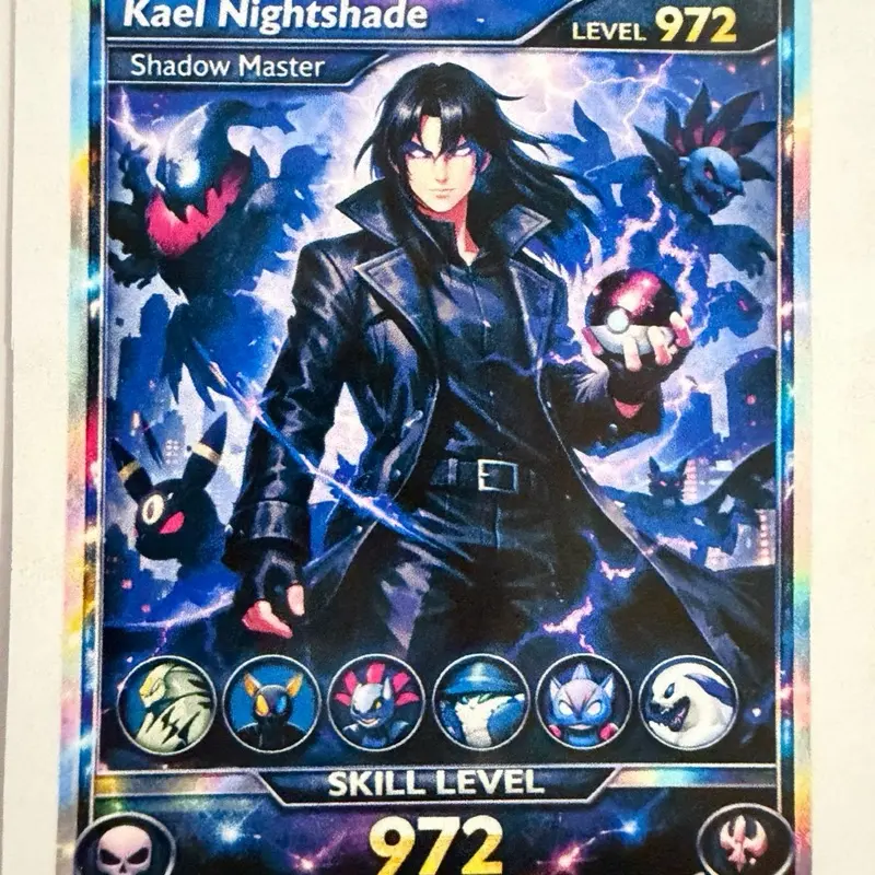 Kael Nightshade Shadow Master Custom Pokémon Trainer Card – Ultra Rare Holographic Dark Type Collectible (With Sleeve Protector)