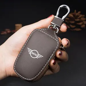 D-Type Leather Keychain Pouch with Metal Hook, Zipper Bag for Mini Cooper R56 F56 Accessories, Car Key Organizer