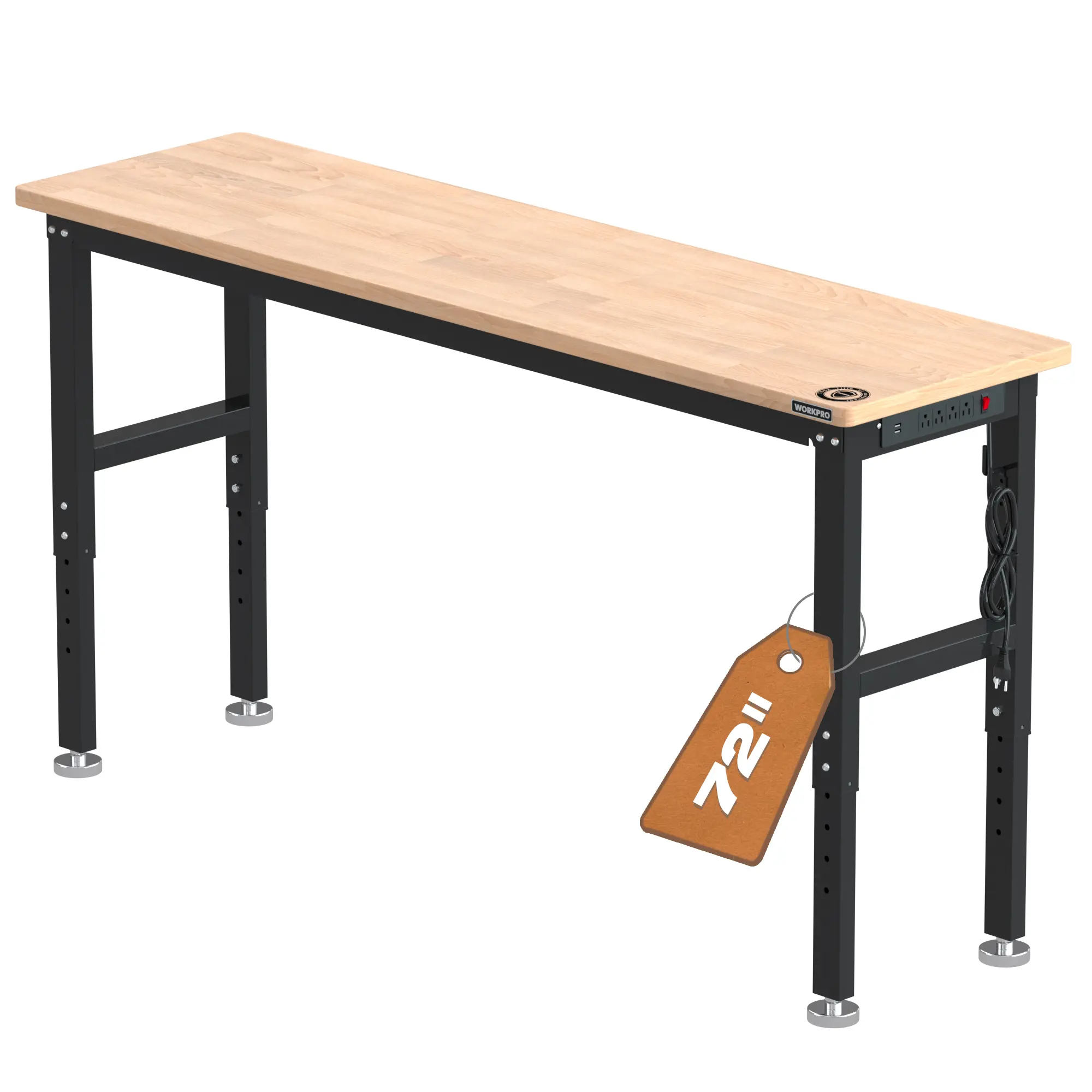 #summersale WORKPROAdjustable Workbench,Hardwood Garage Workbench with Power Outlets, Rubberwood Top Heavy-Duty Workstation for Workshop, Garage, Home