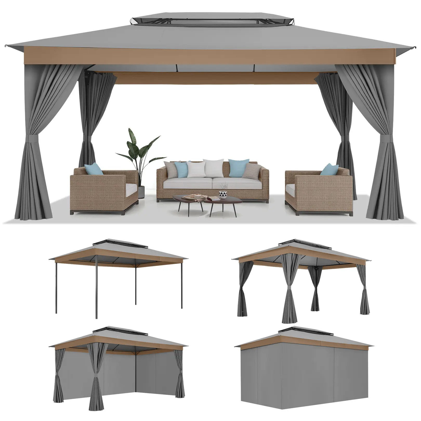 10x15ft Patio Gazebo - Easy Assembly Outdoor Furniture Canopy Tent with Removable Sidewalls, Double Roof, Pre-Drilled Base, Steel Frame for Backyard Parties