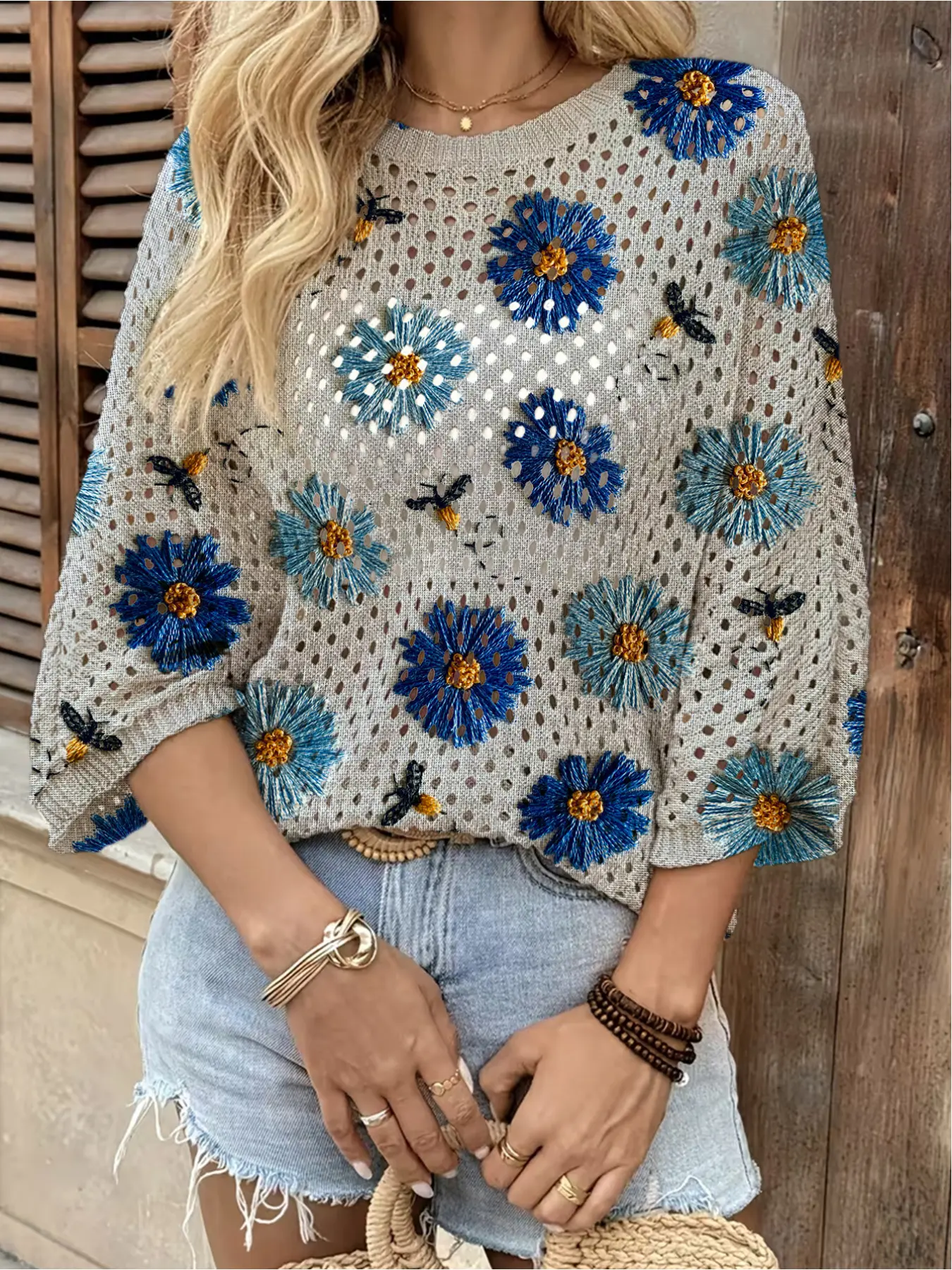 Spring and Summer collection, round-neck open-front loose batwing shoulder sleeve pullover, contrast blue floral bee print women's knit top, Fashion Knitwear sweater, beachy style, casual for work