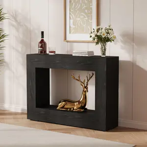 Garvee and Garvee 47" Farmhouse Console Table - Rustic and minimalist wooden entryway and sofa table with open shelves for storage, ideal for hallways, living rooms, and entrances in brown or natural color