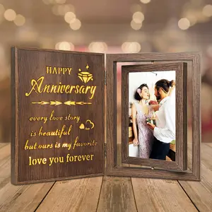 Light Up Anniversary Picture Frame Gifts for Women Men, Vintage Brown Rotating Wooden Glowing Photo Frame, Wedding Anniversary Frame Gifts for Wife Husband Her Him Couple - Holds 2 4x6 Photos