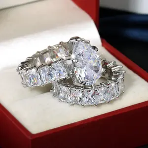 Hot European and American bloggers with the same fashion new 3A zircon luxury rich woman ring set ring Rectangular with two rings set with gemstones