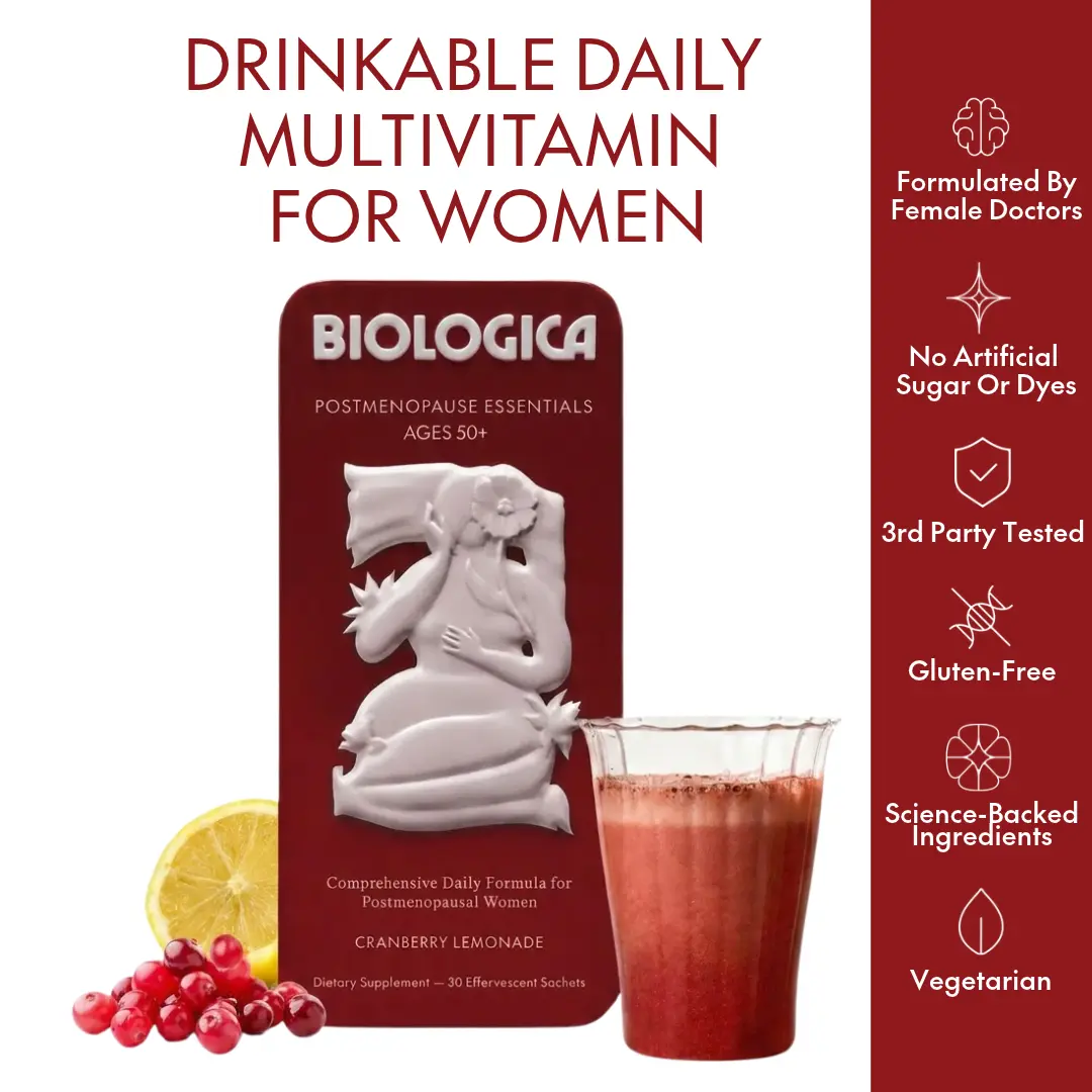 Postmenopause Supplement for Women 50+ – Biologica Postmenopause Essentials Effervescent Drink, 30 Servings with Pomegranate, Chromium, Probiotics & Bone Complex (D3, K2, Calcium) for Lean Muscle, Skin, Gut Health & Healthy Aging | menopause support