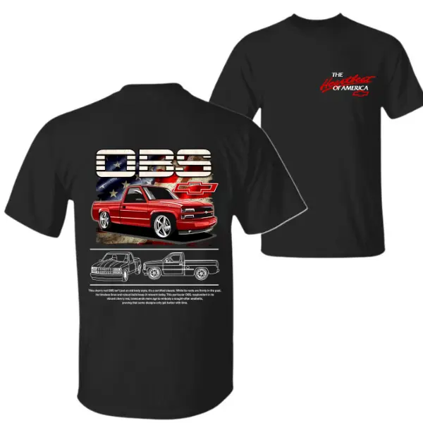 OBS Chevy Truck Heartbeat of America T-Shirt – Red Classic OBS Pickup with American Flag Graphic Tee, Perfect for Chevy Truck & OBS Enthusiasts.