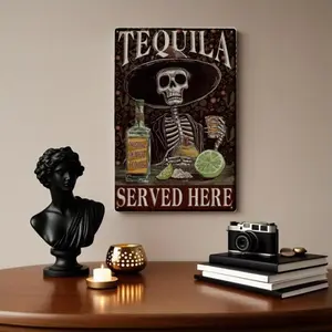 Vintage   Sign Skull Tequila Served Here Wall Retro Metal Signs Art Plaque Poster for Kitchen Bar Club Restaurant Cafe Bathroom Wall Decor Halloween Decoration