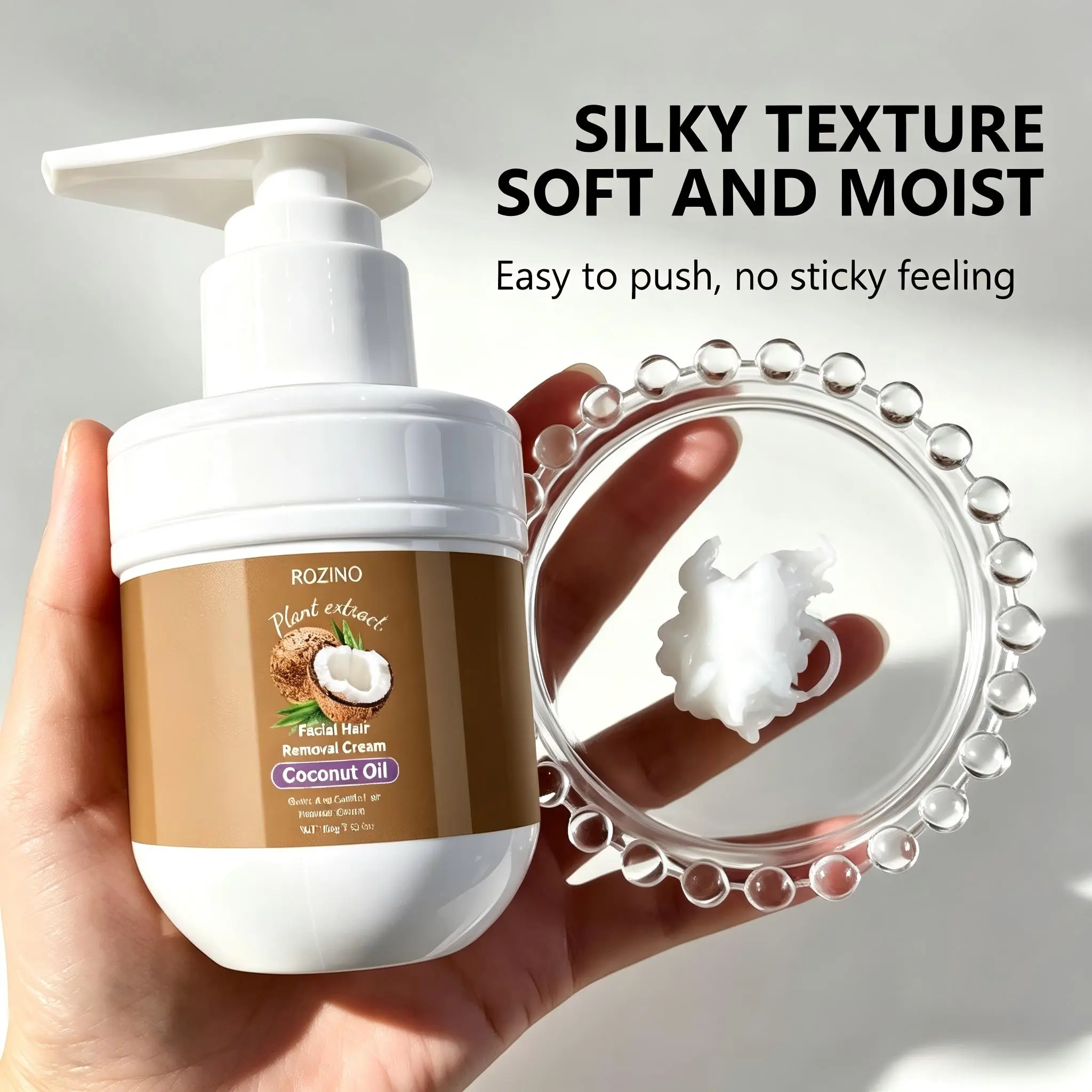 ROZINO Coconut Oil Hair Removal Cream for Face & Body, Gentle Depilatory Cream for Women and Men, Easy-to-Apply Non-Sticky Formula for Upper Lip, Chin, Cheeks, Arms and Legs