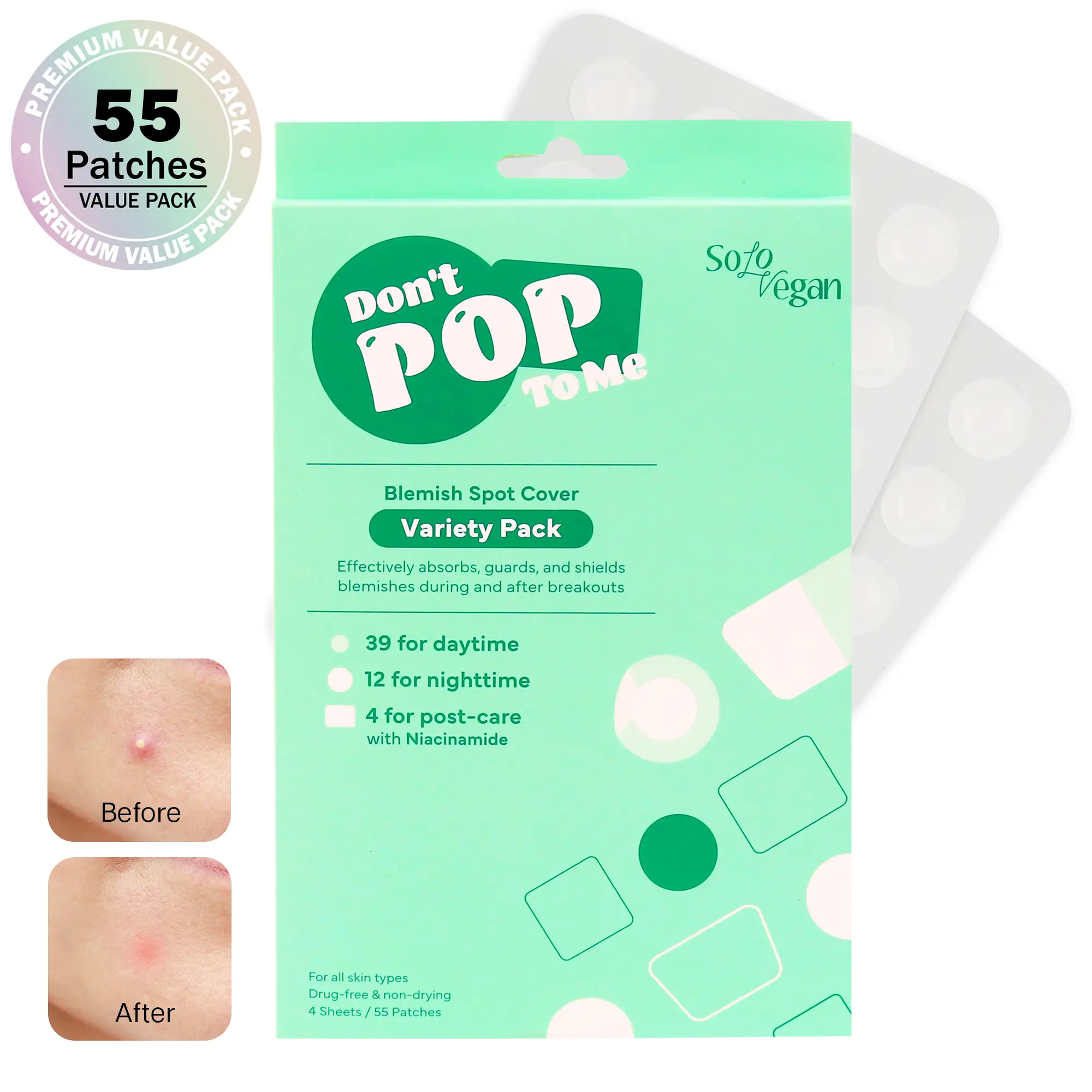 [SoloVegan] 55/110/165 pcs Acne Pimple Patch for Zits and Blemishes, Invisible Hydrocolloid Spot Cover Acne Treatments Products - Don't Pop to Me