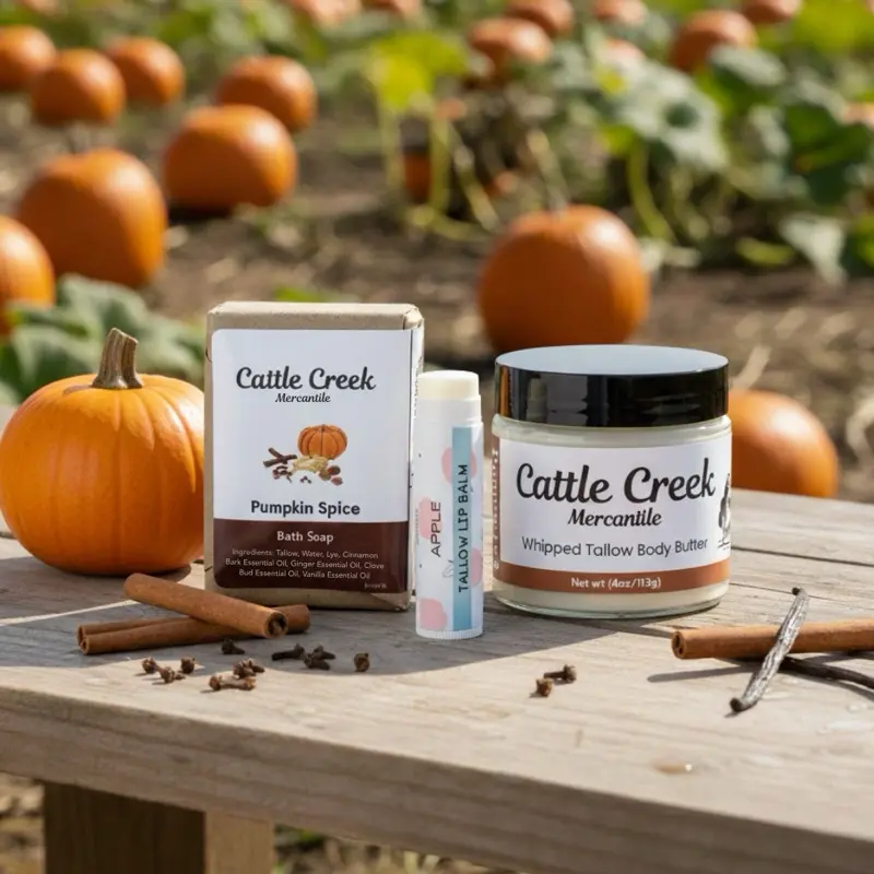 Pumpkin Spice Bundle | Whipped Tallow Body Butter - Bath Soap - Tallow Lip Balm | Cattle Creek Mercantile | Deep Moisturizing, Skin Soothing & Repairing Cream Body Care Moisturizer