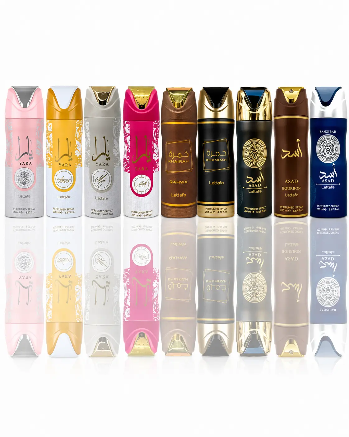 yara deodorant + yara tous deodorant + yara moi deodorant + yara candy deodorant + khamrah qahwa deodorant + khamrah deodorant + asad deodorant + asad zanzibar deodorant + asad bourbon deodorant -- 9 piece bundle