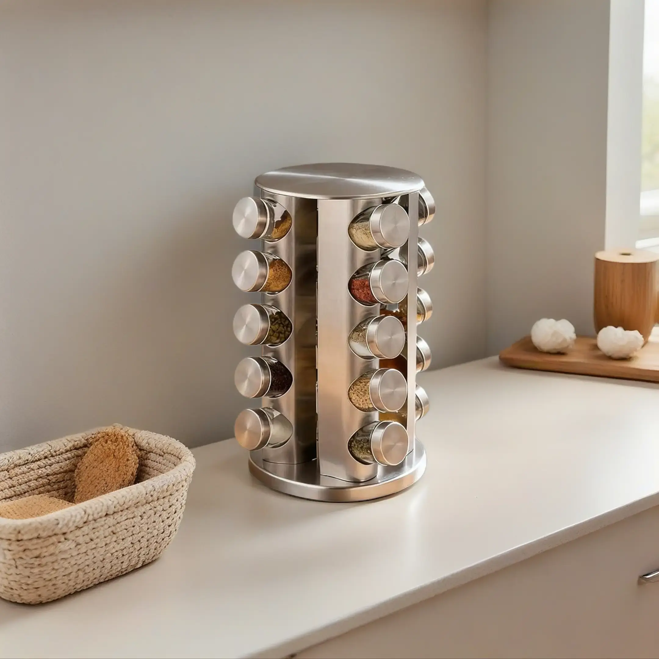 20 Jar Revolving Spice Rack,Kitchen Spice Organization for Cabinet or Countertop,Seasoning Spice Organizer with Polished Stainless Steel&Black Caps