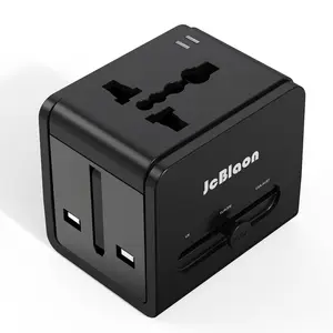 Travel Adapter USB‑C, universal all‑in‑one global travel adapter, supports fast charging, Type‑C and USB‑A ports, power converter, wall charger, AC plug adapter, suitable for US, EU, UK, Australia, black