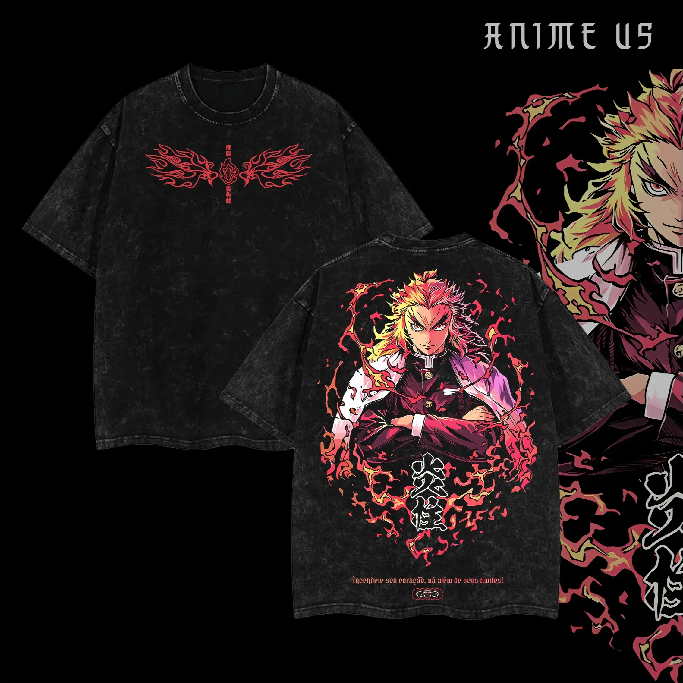 Men's Unisex Oversize Hashira Demon Slayer T-Shirt - Kyojuro Rengoku, Giyu Tomioka, Tengen Uzui, Iguro Obanai, Gyomei Himejima, Mitsuri Kanroji - Double Printed, Vintage Washed, Heavyweight Cotton Short-Sleeve Anime Manga Tee