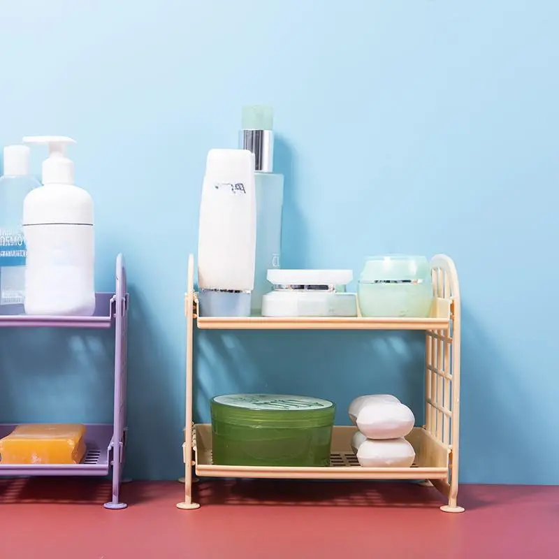 1pc Double layered bathroom storage rack plastic double-layer storage rack cosmetics sorting rack multifunctional desktop storage rack Bathroom Organizers Bathroom Organizing Accessories