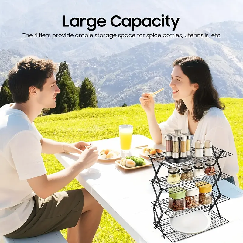 4-Tier Foldable Cooling Rack, Baking Pan Wire Rack, Outdoor Picnic Rack, Adjustable 4 Setting Designs, Collapsible Food Display Stand, Multi-Purpose Serving Tray, Camping Grill for for Baking, Roasting, Grilling, Picnics, with 20pcs Parchment Paper
