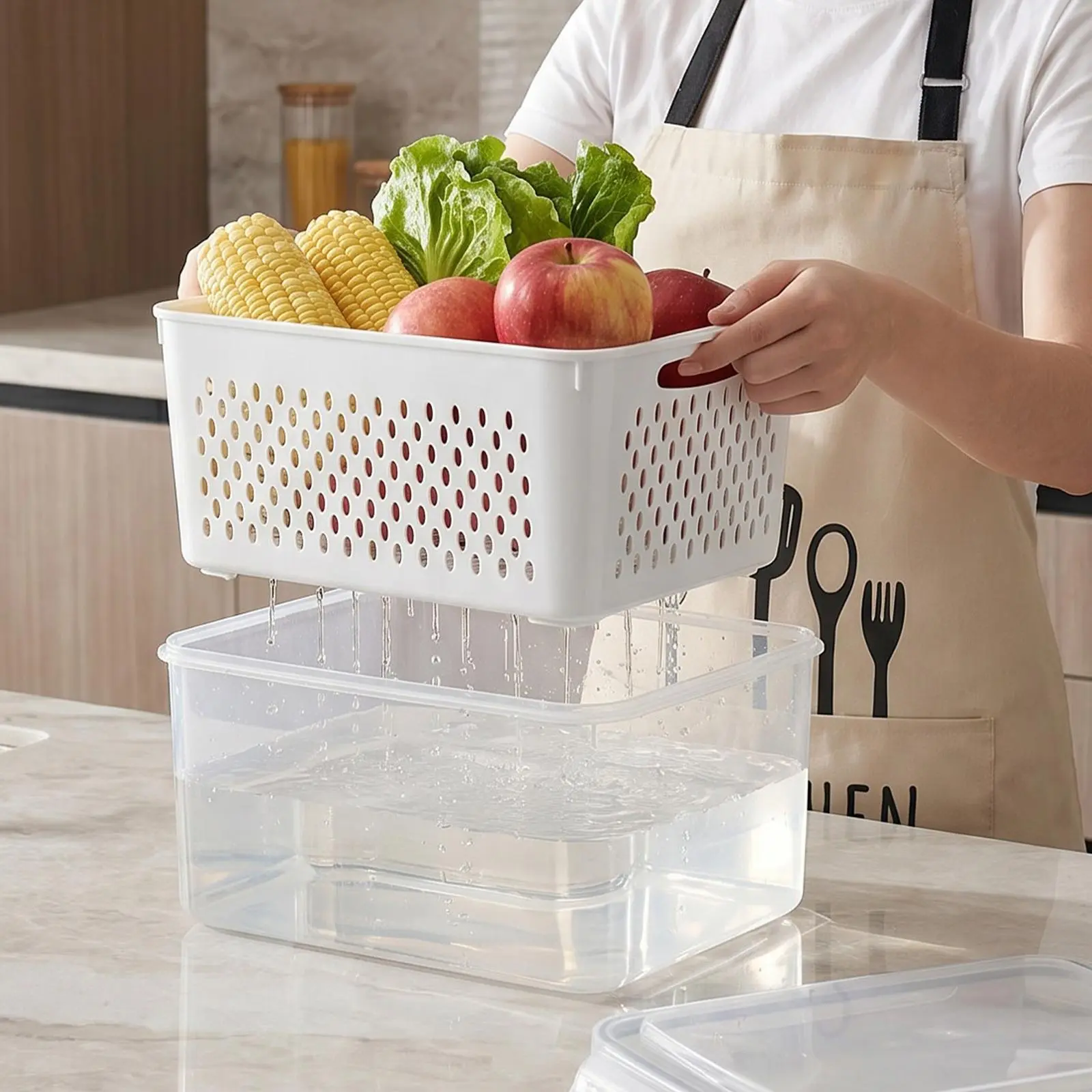 UFORU Silicone 4-Pc Food Storage Set - Stackable Airtight Leakproof Containers with Removable Double-Layer Draining Baskets for Fruits, Vegetables