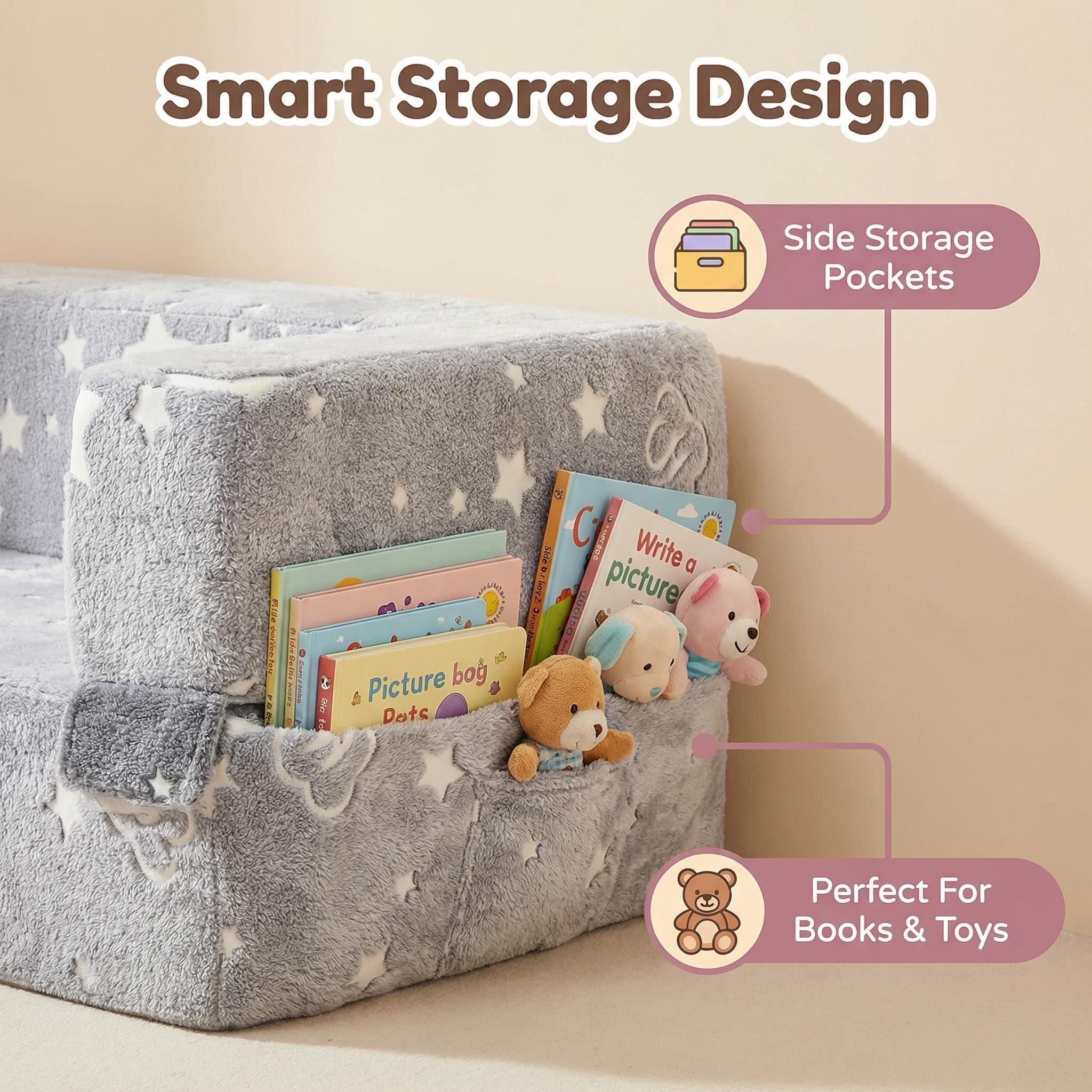 3-in-1 Kids Play Couch for Toddler, Imaginative Dark Gray Star