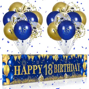 18Th Birthday Decorations For Boys Girls Blue And GoldNavy Blue Gold Birthday Yard Banner 18 Pcs 18Th Happy Birthday Balloons For 18Th Anniversary Birthday Party Supplies Indoor Outdoor Yard Decor
