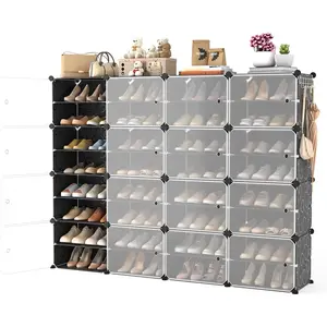Portable Shoe Rack with Door, 64 Pairs Cabinet Easy Assembly, Plastic Adjustable Shoe Storage Organizer Stackable Detachable Free Standing DIY Expandable 8 Tier Black