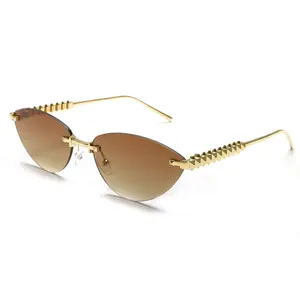 Trendy Rimless Cat Eye Metal Sunglasses Vintage Small Oval Outdoor Eyewear UV400 Protection for Women Men