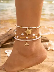 Boho Beach Layered Anklet Set, Starfish & Mermaid Tail Pearl Anklets for Women, Elegant Foot Jewelry, Perfect for Summer