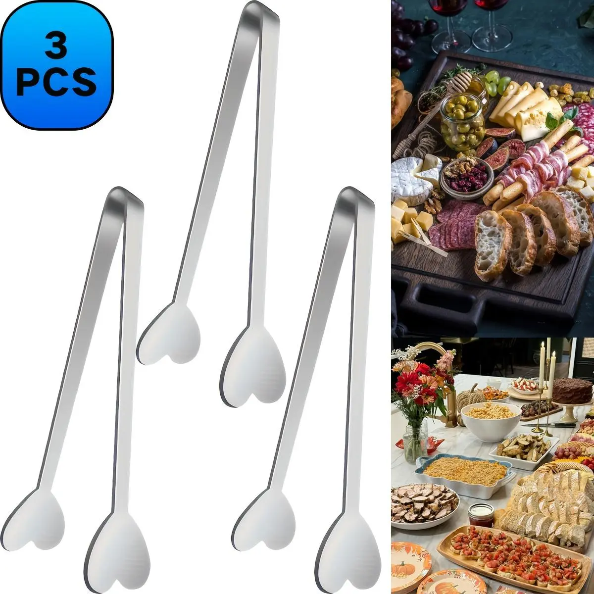 3/5/7pcs Mini Tongs, Stainless Steel Small Tongs 4.9-inch Heart-shaped Serving Tongs, Small Tongs for Serving, Cooking, Appetizers, Ice Cubes, Fruit, Candy Tongs, Deli Platter Tongs, Dishwasher Safe, Durable Cutlery, Shiny Silvery