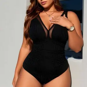 Women's 2026 Plus Size Ribbed 1-Piece Bathing Suit - V-Neck, Ruched, Tummy Control, Comfortable Support for Curvy Figures, Trending 2026 Swimwear