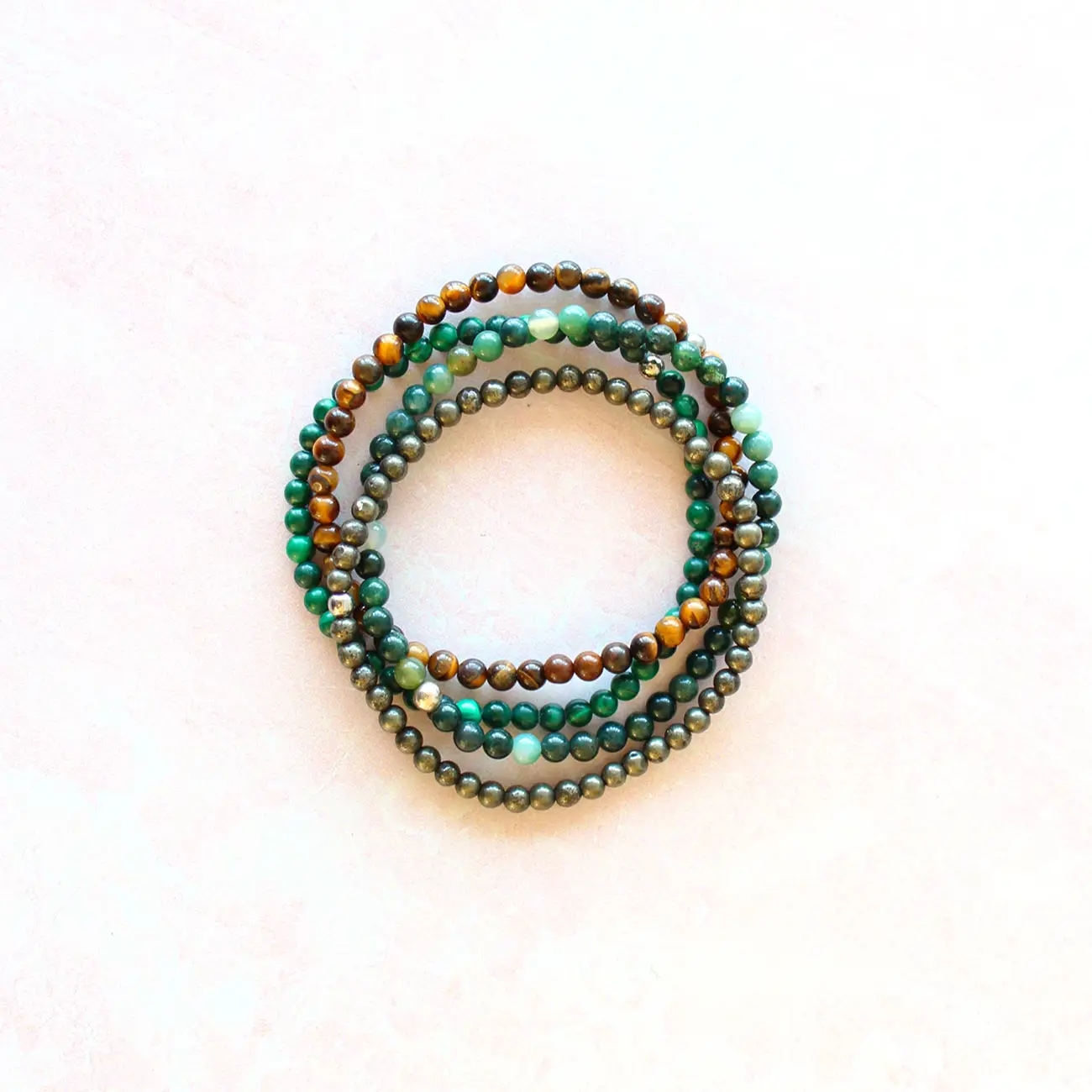 Dainty Attract Money Crystal Bracelet Stack | Pyrite, Tigers Eye, Moss Agate, Malachite