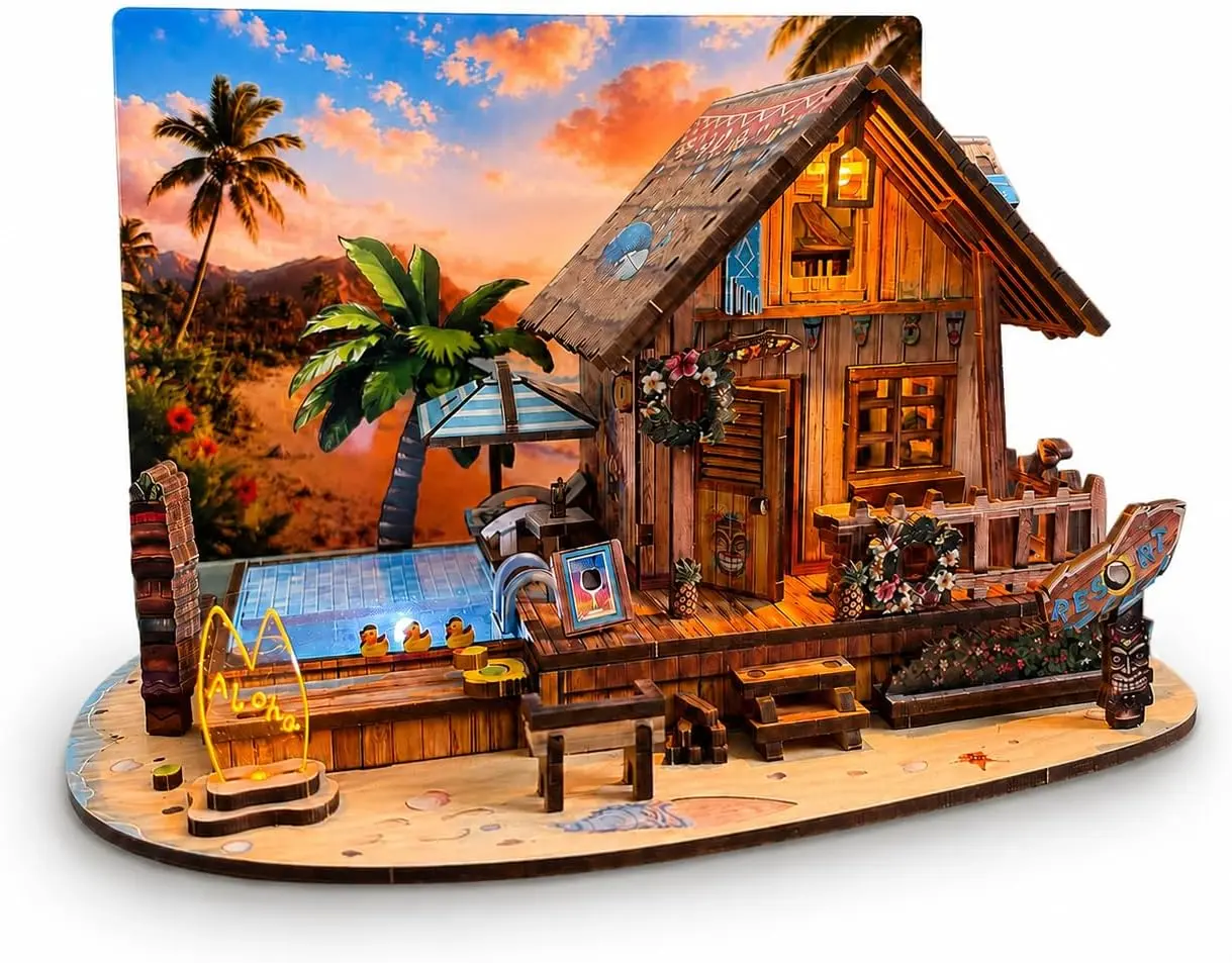 Adult 3D Wooden Puzzle Hobbies Kit with LED Light - DIY Hawaii Beach House Miniature Tropical Cottage Model, Acrylic Greeting Card Backdrop, Home Decor Gift for Women, Hobbies Kit Adults