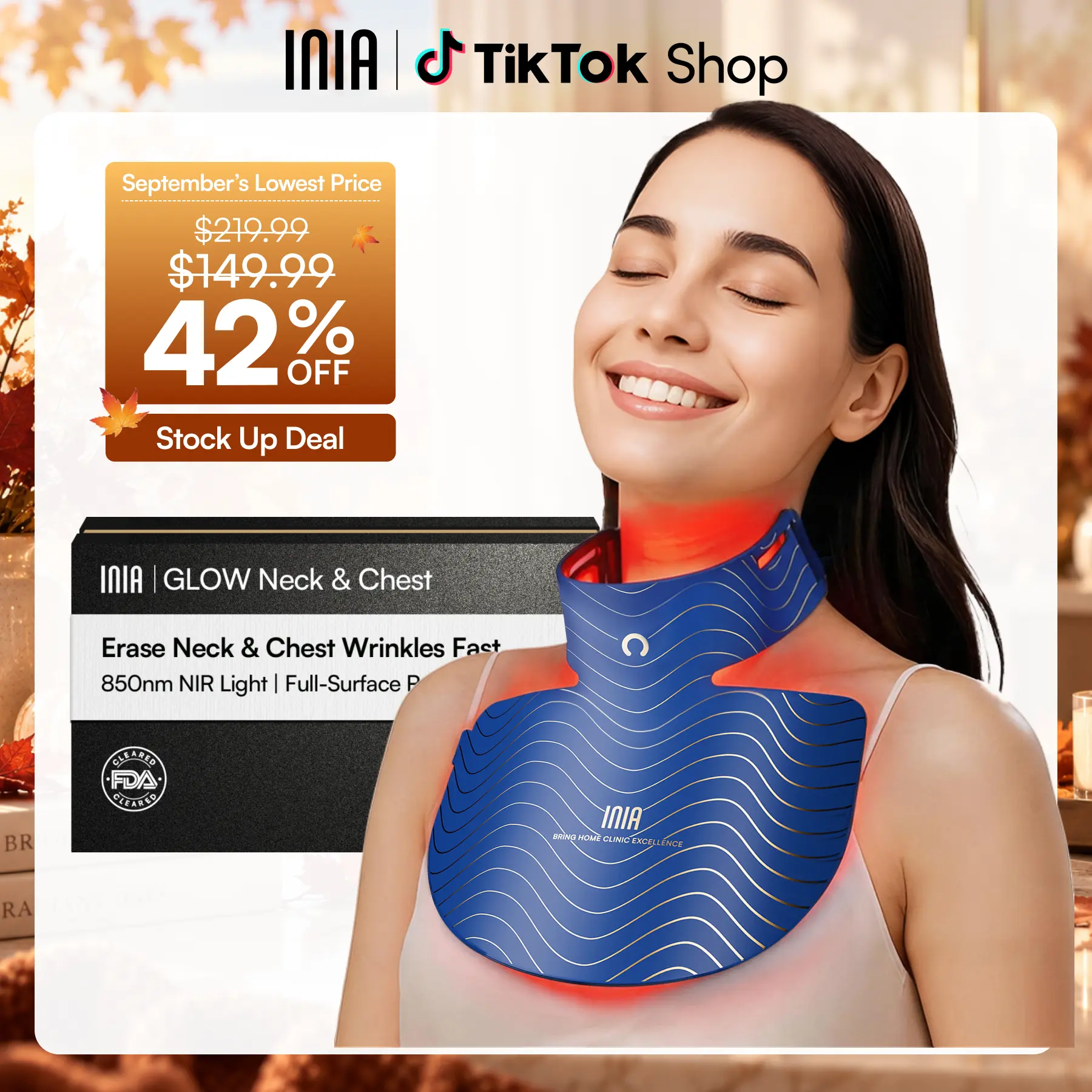[New Color Drop] INIA GLOW Neck & Chest Red Light Mask – 850nm NIR LED Mask for Wrinkle & Spot Reduction, Lift & Firm in 4 Weeks, Rechargeable 2600mAh Controller, Clinic-Grade Full Coverage, Summer Beauty Gift Ideas,back to school,back to school haul