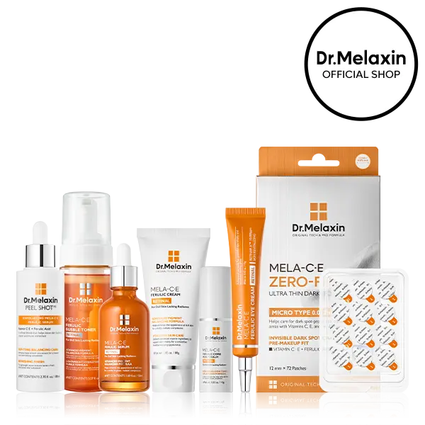 [Dr.Melaxin Official] MELA-C·E Vitamin C Glow Reset Set, 7-Piece | Bubble Toner, Ferulic Serum, Cream, Eye Cream, Multi Balm, Dark Spot Patch + Peel Shot | Vitamin C, E, Ferulic & Retinal | Dark Spot & Dullness Care | Korean Skincare