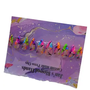 Jan's Blessed Hands Custom Made Press On Nail Set - Bright Colorful 90s Inspired Retro Fashion Medium Length Variety Shapes Salon Quality Acrylic