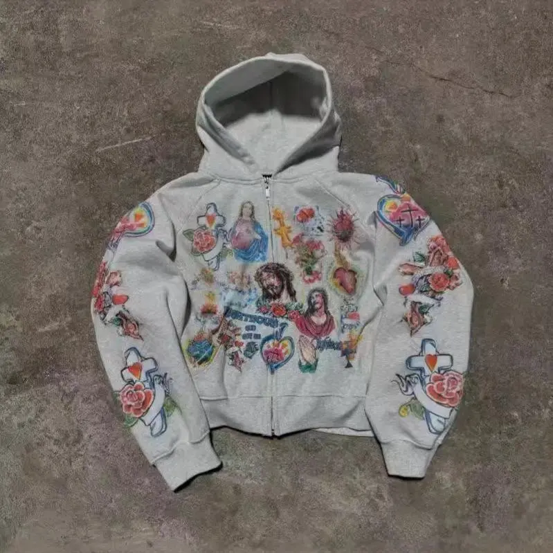2025 Hoodie with Cartoon Print and Zip-up Hood Menswear Sweatshirts Casual Classic