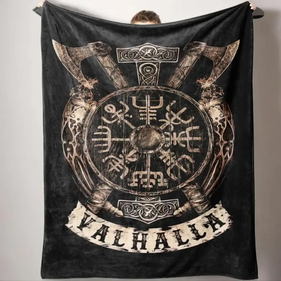 Viking Valhalla Pattern Bed Blanket, Soft Warm Throw Blanket, Air-conditioned Room Thickened Flannel Blanket, Warm Nap Blanket for Home Office Travel Camping, Room Accessories, Room Decor birthday gift