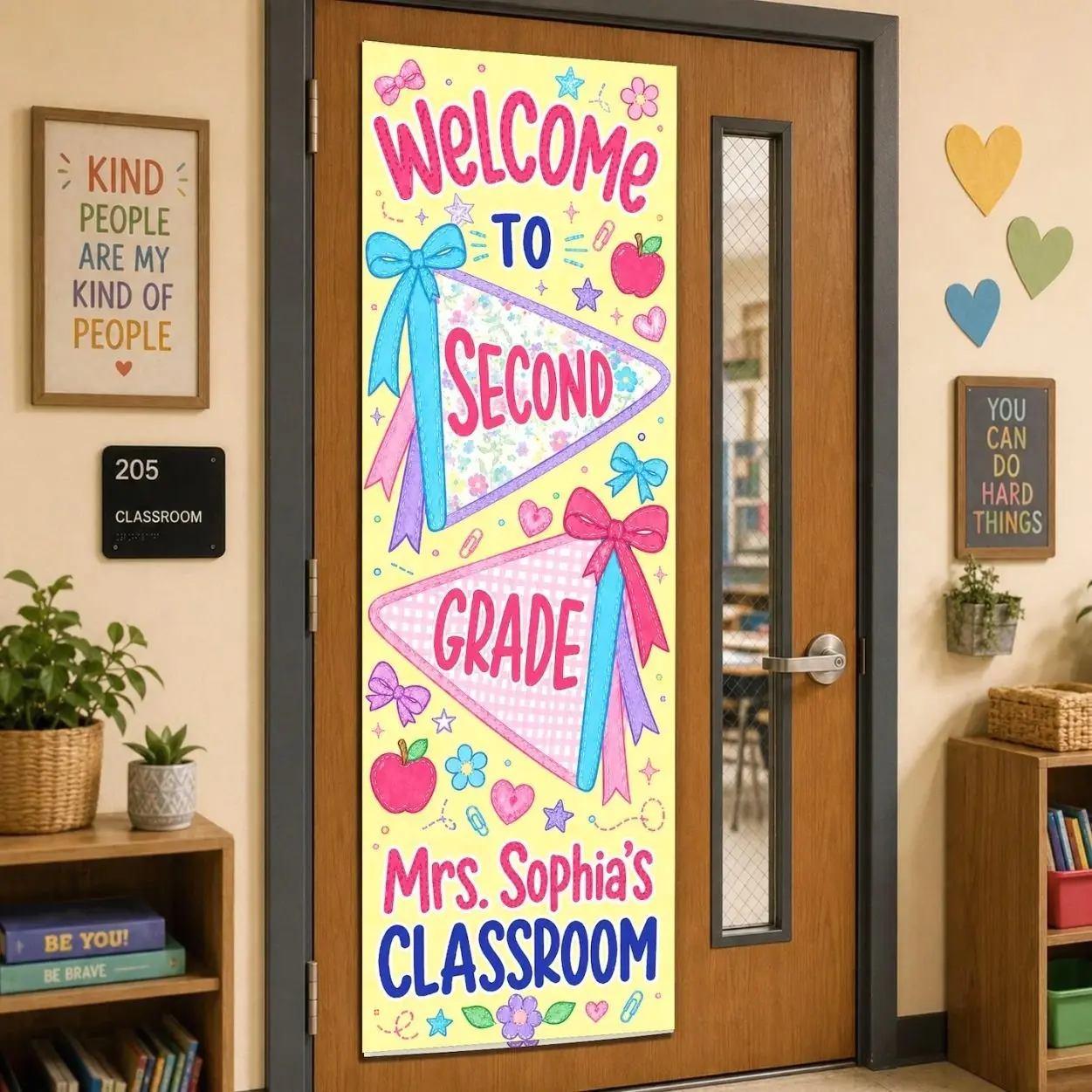 Personalized Second Grade Tapestry: Polyester Linen Classroom Door Banner, Bow Pennant Decor