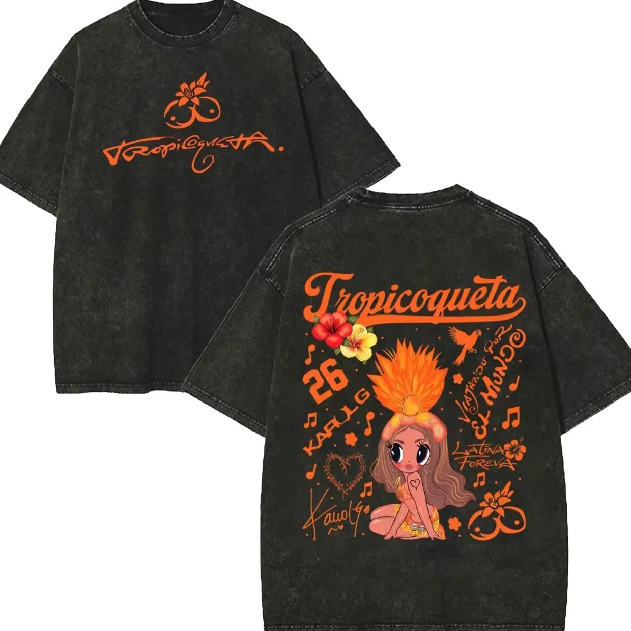 Orange Tropicoqueta Girl Doll Washed Shirt, Viajando Por El Mundo – Tropitour 2026 Shirt, Latin World Tour Graphic Tee, Tropical Music Aesthetic Oversized Heavyweight Cotton Streetwear
