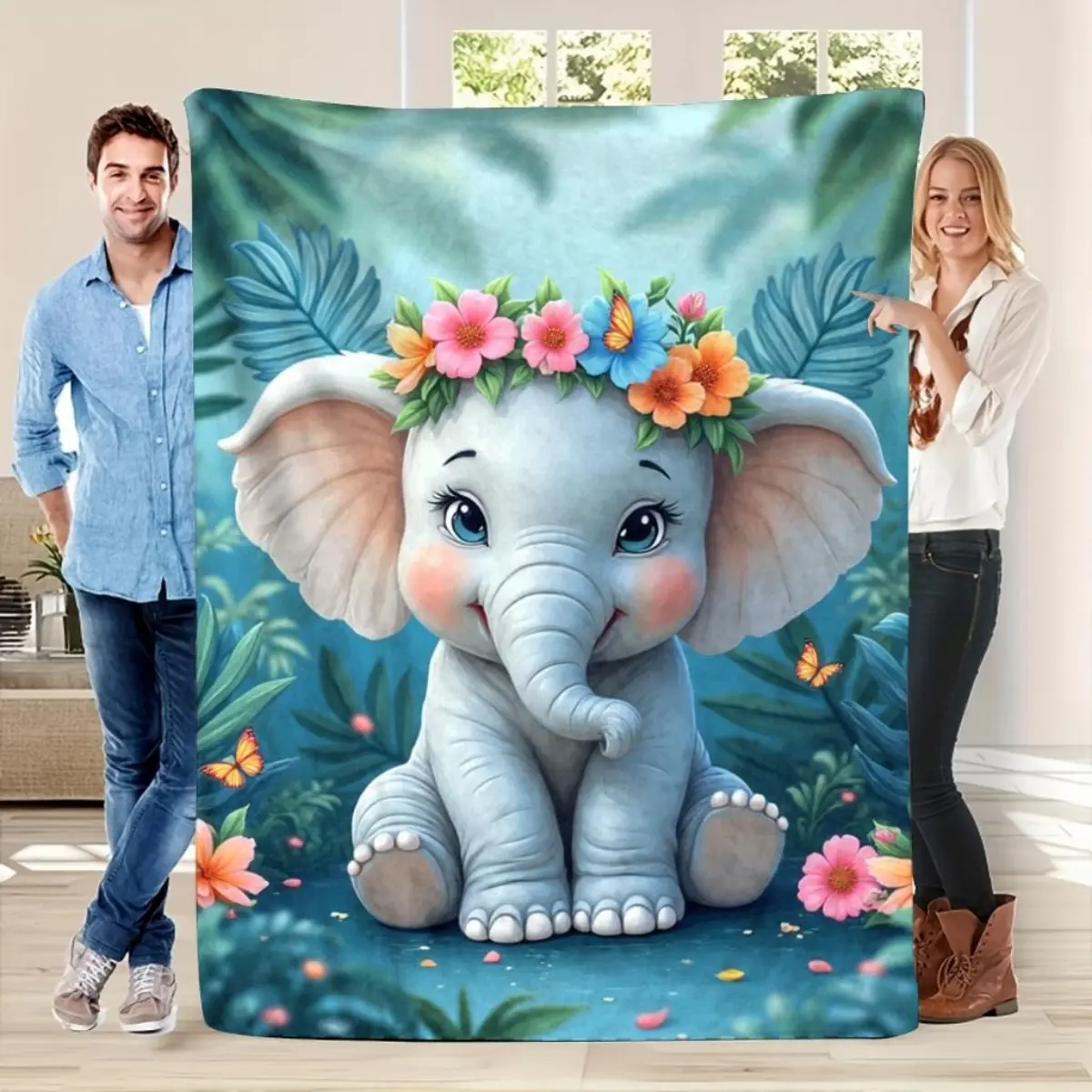 Cute Elephant Floral Print Fleece Blanket  Soft Polyester, Suitable for Sofa, Bed, Travel, Office, Chair. Lightweight And Warm Digital Printed Blanket for Indoor Decor And Home Comfort, 280Gsm