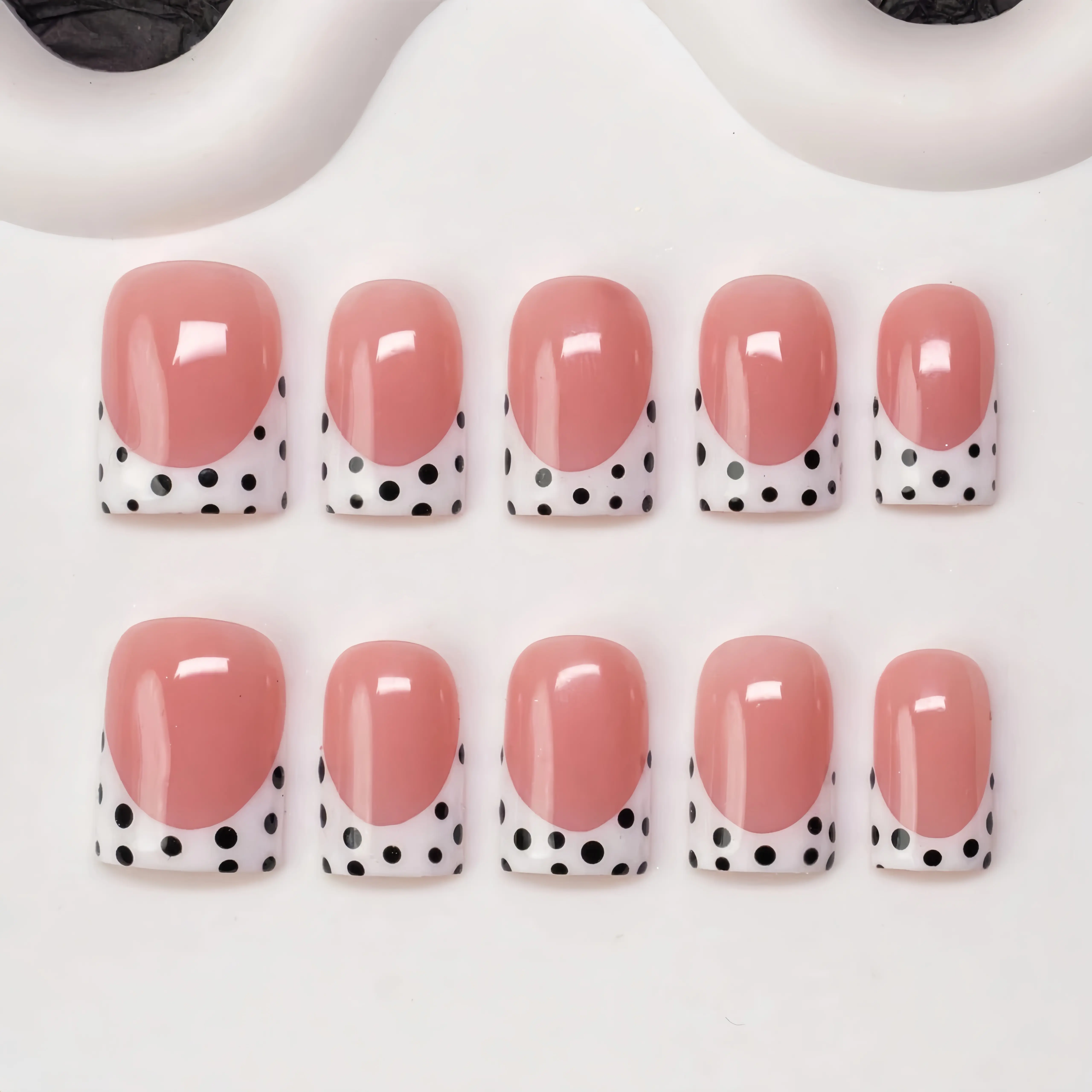 10 pcs Handmade Press on Nails, Y2K Nails, Polkadot,White Frenchc Tips, Premium Handmade Square Nail Tips with Polka Dot Tips Design, Nude & White Color, Y2K Baddie Style, Spring nails,Summer nails