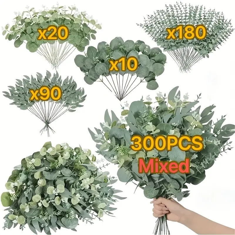 300pcs Artificial Greenery & Eucalyptus Branches Mix, Fake Greenery Plants, Plastic Simulation Leaves, 4 Types Silver Dollar Eucalyptus Picking Tools, DIY Flower Arrangement, Home Decor, Mixed Set