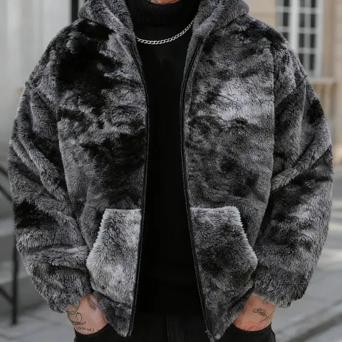 Unisex hooded long sleeve jacket with thermal, Tie Dye dyed-on-the-spot faux fur, suitable for casual wear, youth-oriented, student-friendly, street fashion, and a outer layer for cold weather, available in a couple's version, Menswear