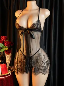 Women's Sexy Floral Lace Chemise Set Lingerie, Breathable Polyester Mesh Cami Dress, Includes Thong, All Seasons, Thin Fabric, Tight Fit