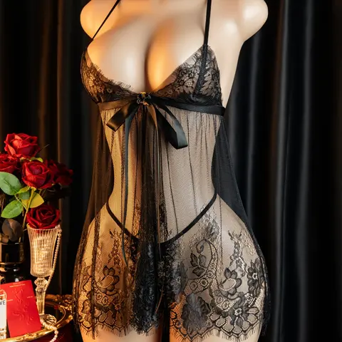 Women's Sexy Floral Lace Chemise Lingerie Set, Breathable Polyester Mesh Cami Dress with Thong, All Seasons, Sheer Fabric