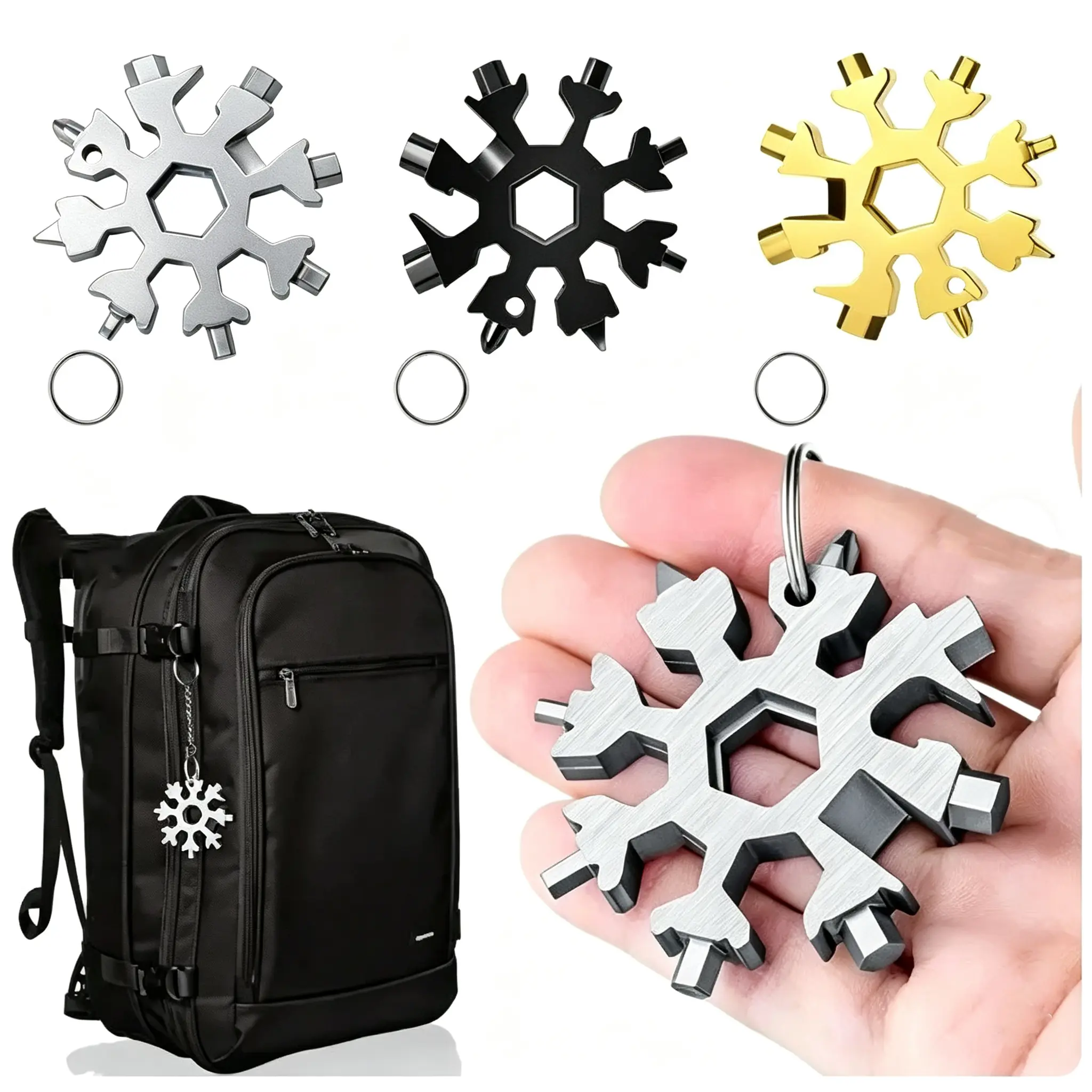1Pack Snowflake Shape Multi Tool with Key Ring, Stainless Steel Snowflake Bottle Opener Flat Phillips Screwdriver Wrench,Gift for Men