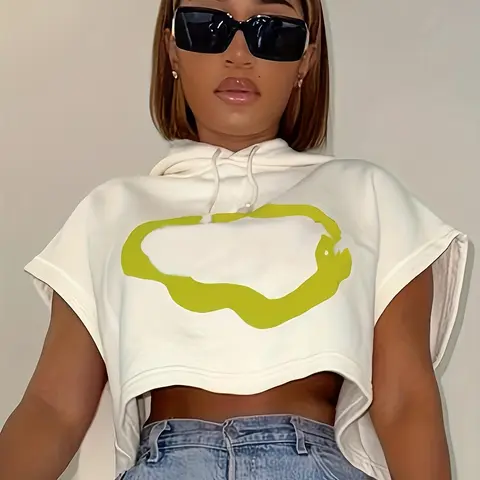 Women's Graphic Batwing Sleeve Crop Hoodie, Summer Clothes Women, Casual Short Sleeve Cropped Hooded Pullover For Summer, Fashion Women's Top For Daily Wear