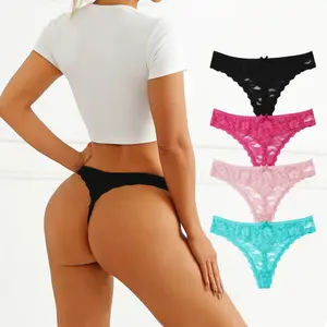 Women’s 4-Pack Basic Lace Thong Underwear - Low Rise, Soft Synthetic Fabric, Breathable Comfy Panty, Stretchable, Lightweight, Minimalist Lingerie with Lace Detail for Everyday Wear, Soft Comfy Knicker
