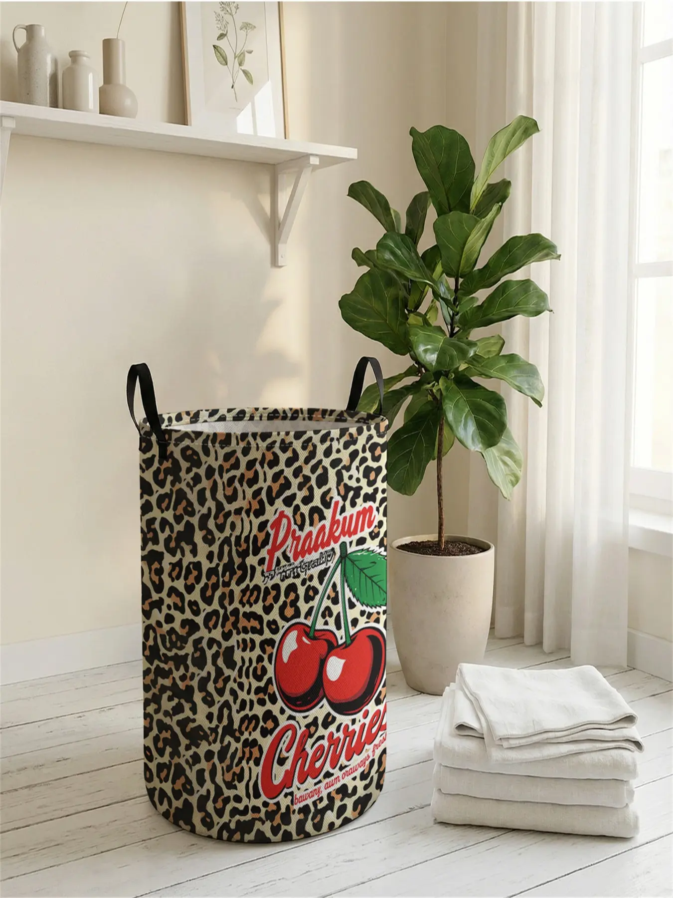 1 piece of 2D printed open storage box with cherry pattern + leopard print background design, double handle reinforcement + foldable storage, Versatile Storage | suitable for dirty laundry storage/toy organization/home decoration